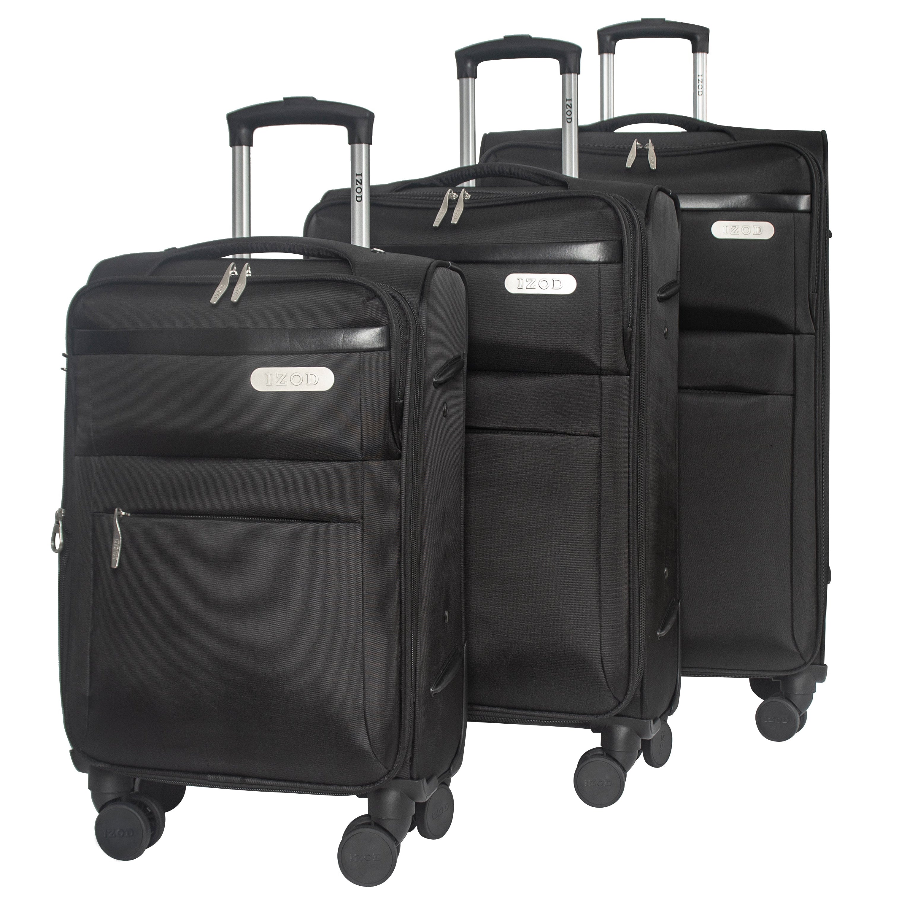Three black suitcases of different sizes on a white background