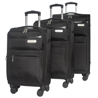 Three black suitcases of different sizes on a white background