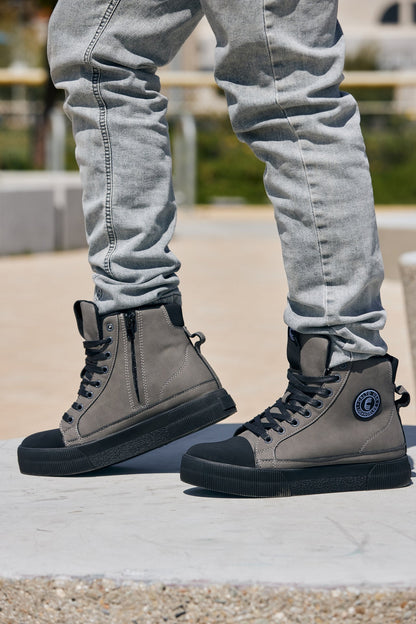 S3423 - 2.4 Inches Taller (Grey) - Cap Toe High Top Zip-Up Men's Sneaker Boots
