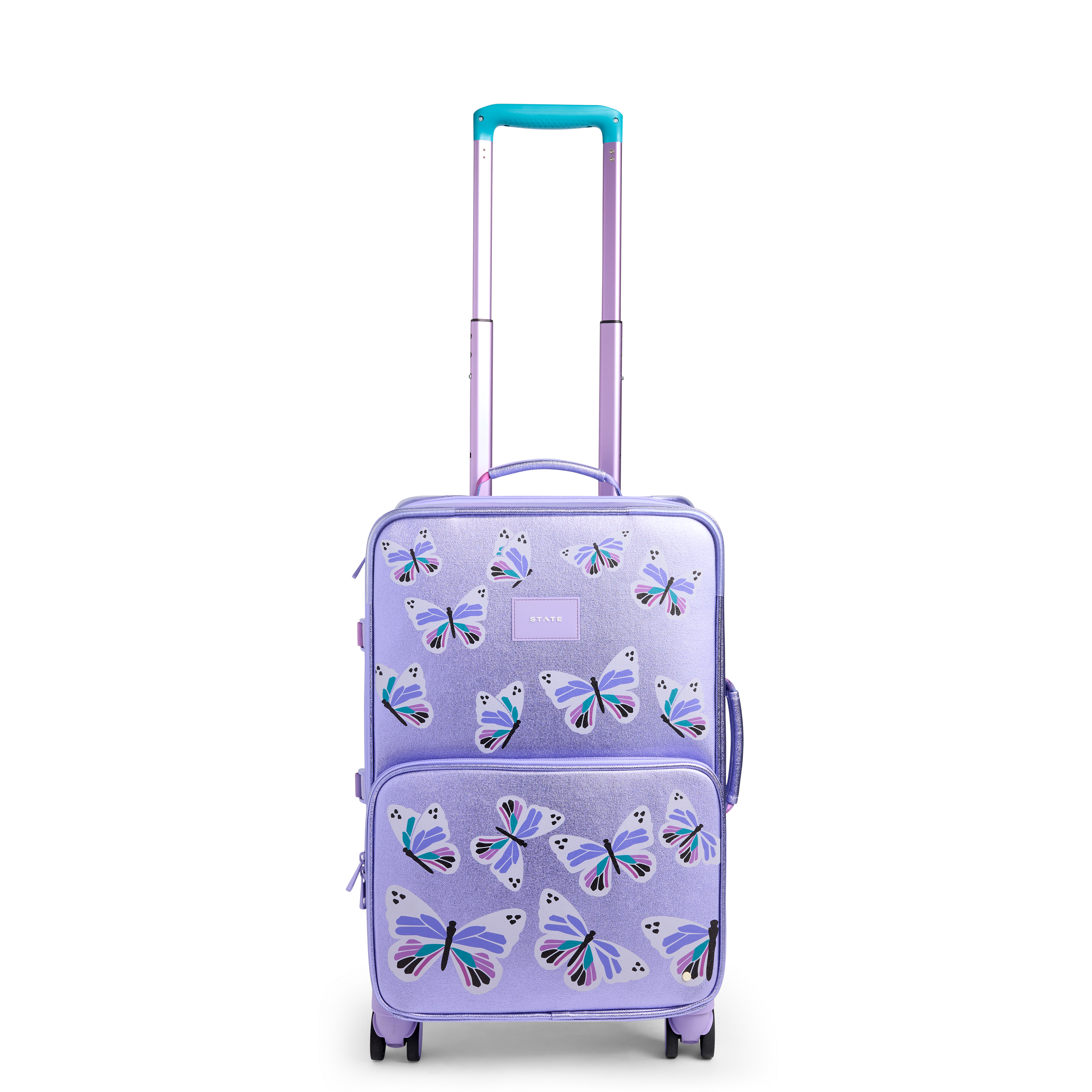 Purple suitcase with butterfly design on a white background