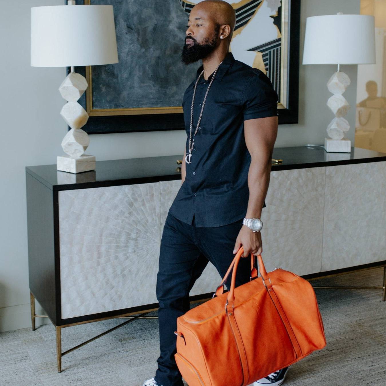 Orange Tumbled Leather Duffle Bag