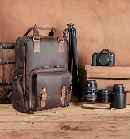 The Gaetano | Large Leather Backpack Camera Bag with Tripod Holder