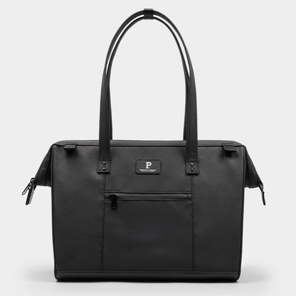 Black tote bag with a brand logo on a light gray background