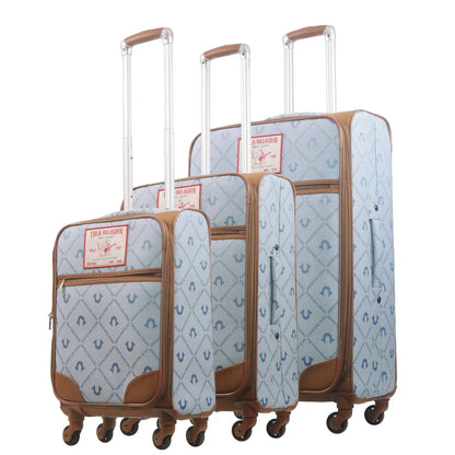 True Religion Light Blue 3-Piece Soft Sided Monogram Spinner Luggage Set