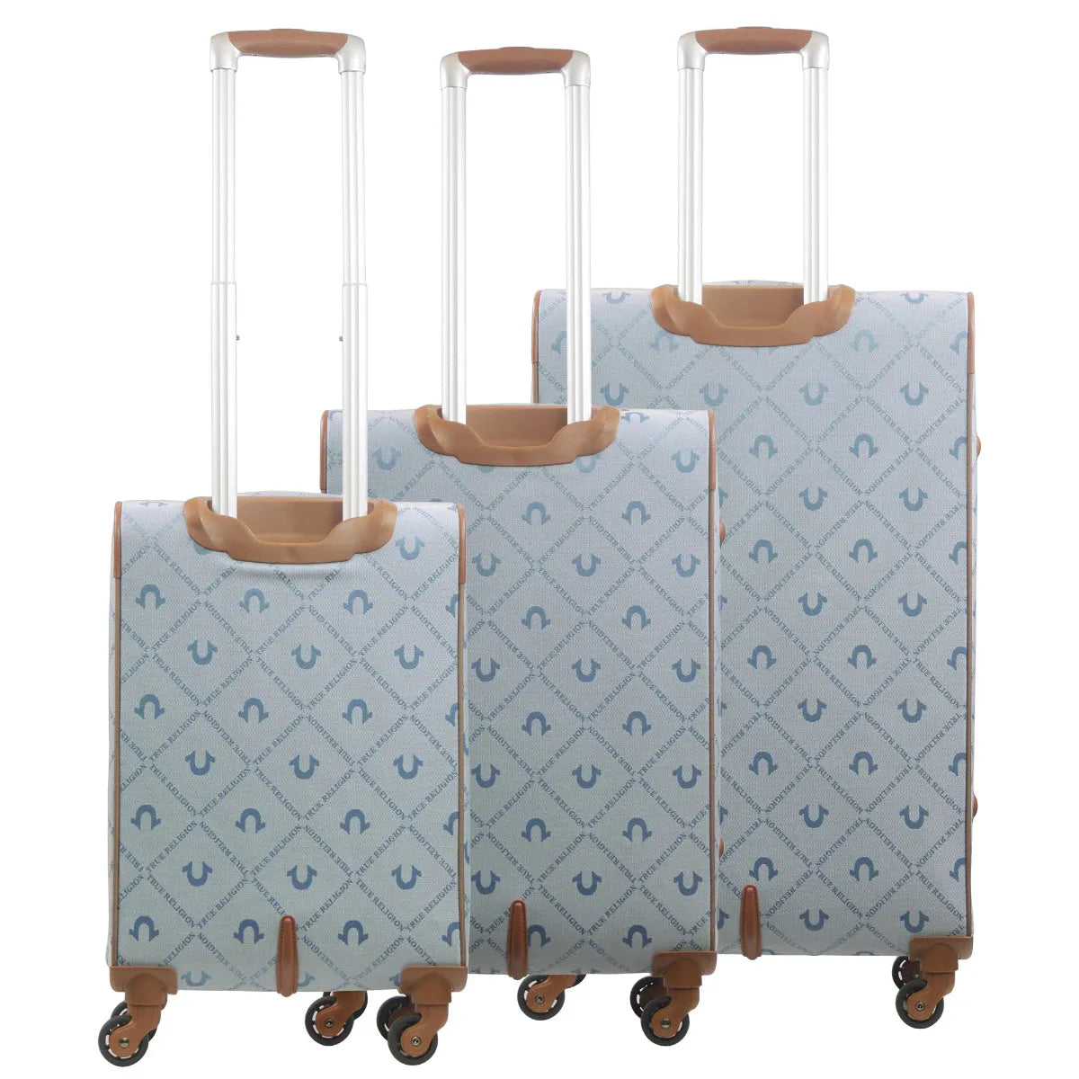 True Religion Light Blue 3-Piece Soft Sided Monogram Spinner Luggage Set