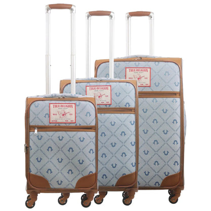 True Religion Light Blue 3-Piece Soft Sided Monogram Spinner Luggage Set