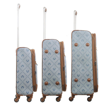True Religion Light Blue 3-Piece Soft Sided Monogram Spinner Luggage Set