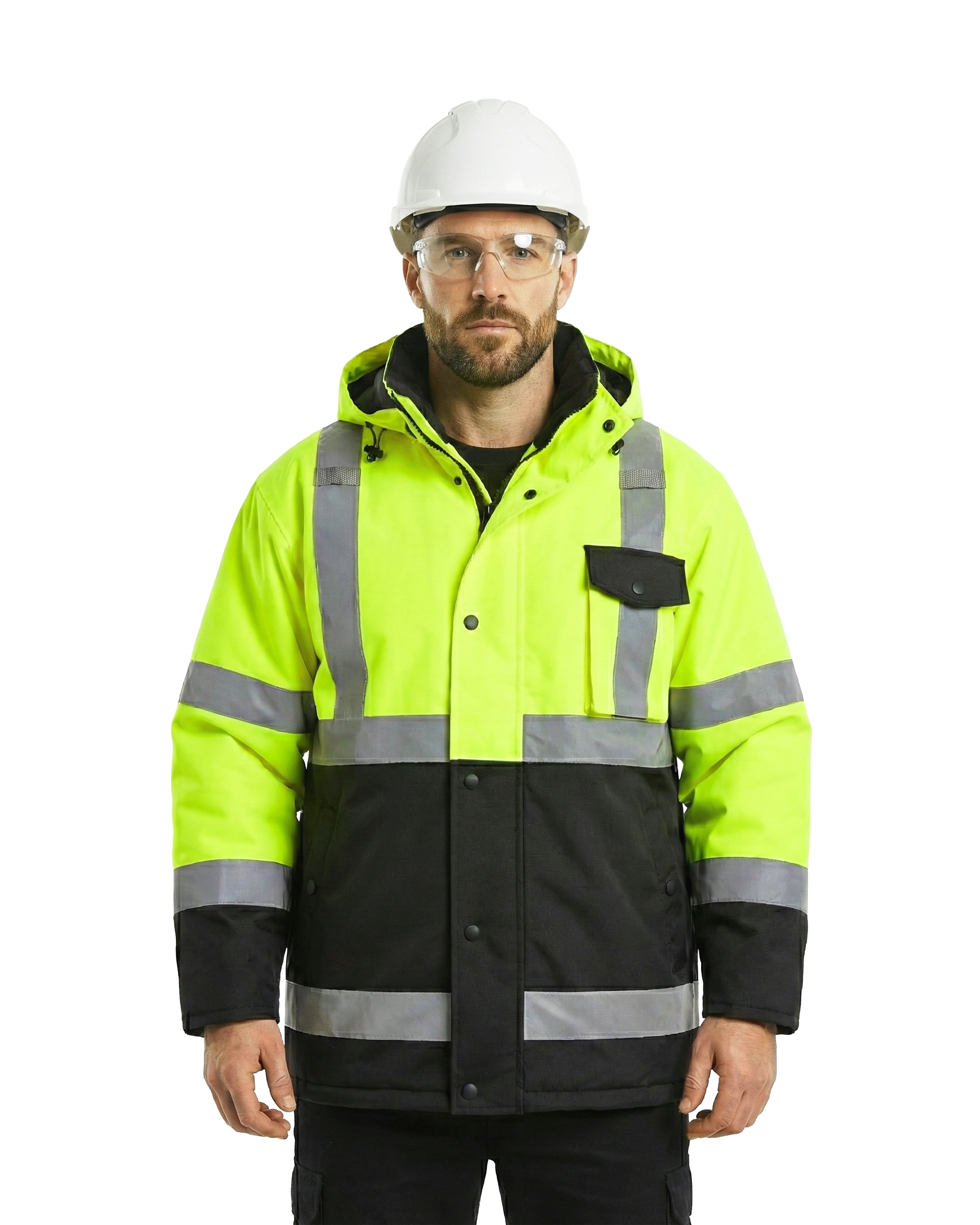 High Visibility Hooded & Quilt Lined ANSI/ISEA 107-2020, Type R, Class 3 Two Tone Water Resistant Neon Safety Jacket [R71300]