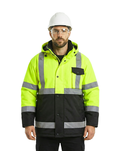 High Visibility Hooded & Quilt Lined ANSI/ISEA 107-2020, Type R, Class 3 Two Tone Water Resistant Neon Safety Jacket [R71300]