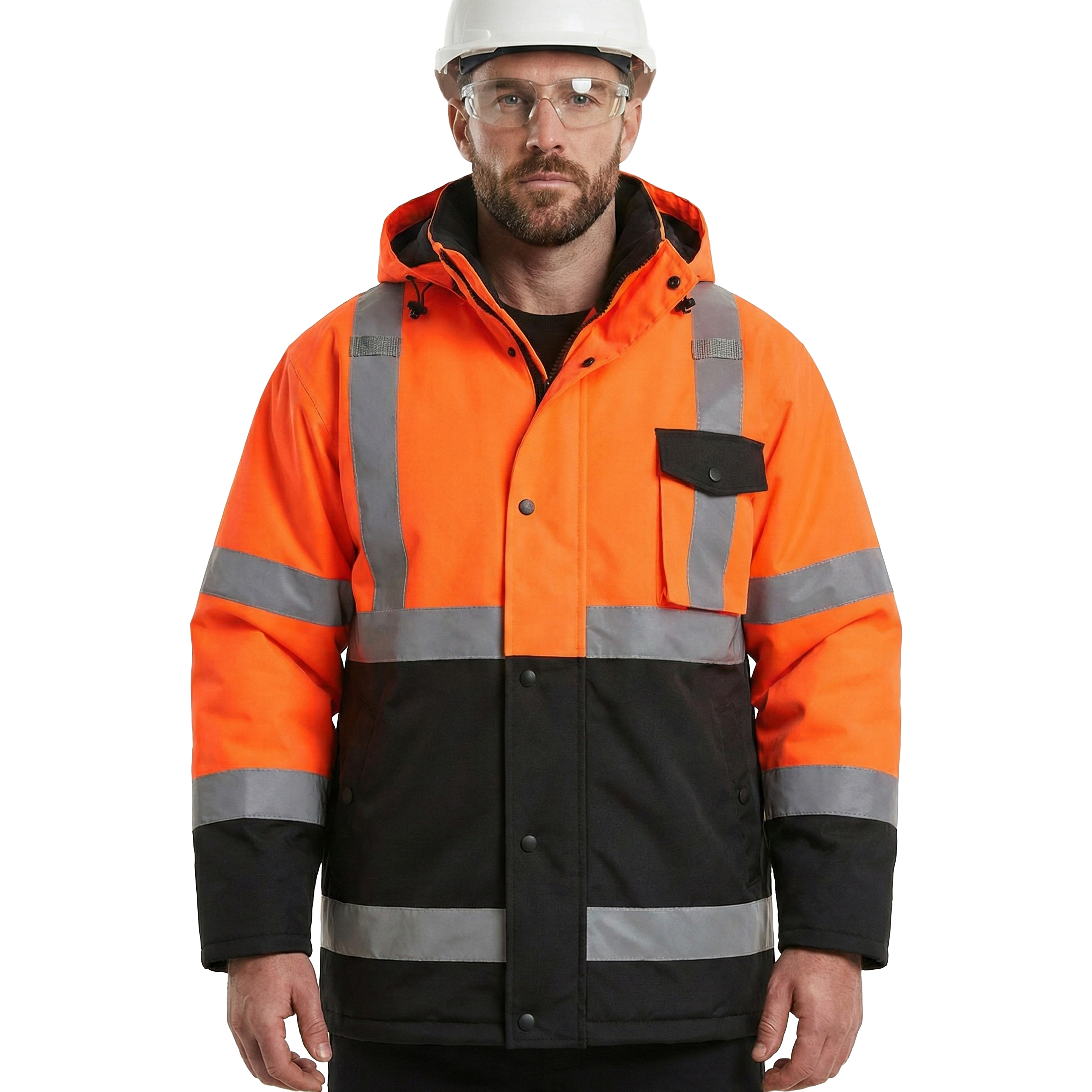 Person wearing an orange and black reflective safety jacket with a white helmet on a white background