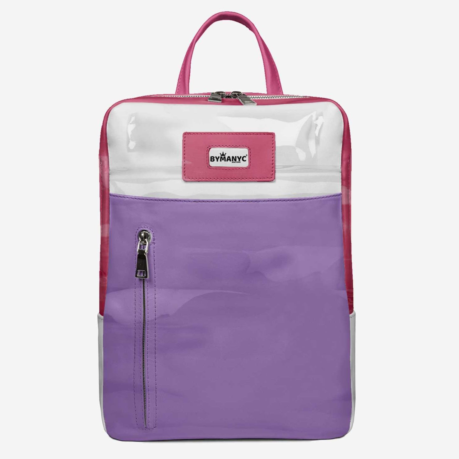 Purple and pink backpack with a visible brand logo on a white background