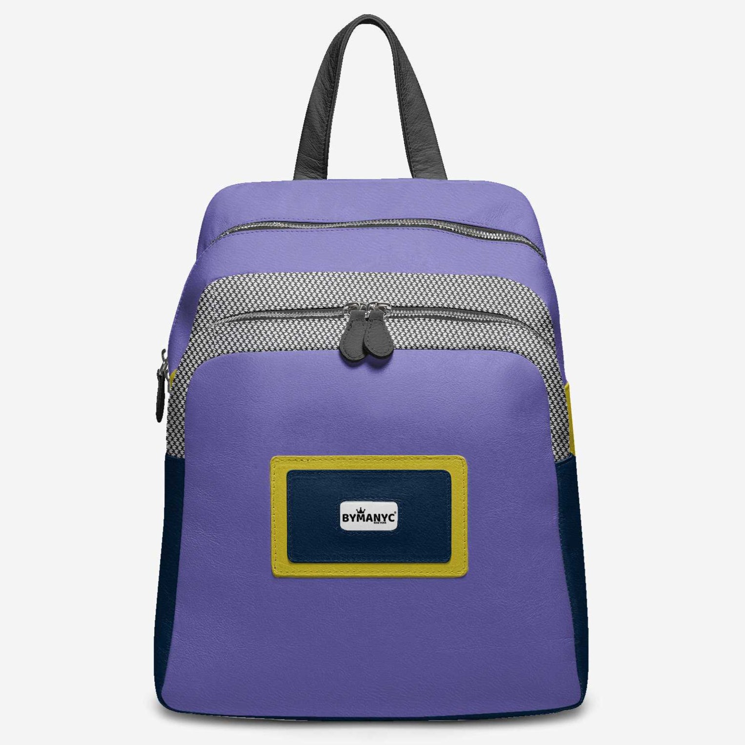 Purple backpack with a visible brand label on a light gray background