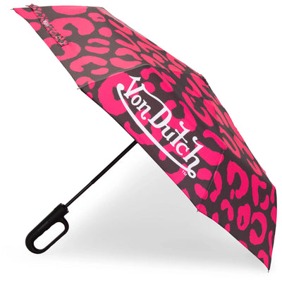 Hot Pink Cheetah Compact Automatic Umbrella with Clip Handle