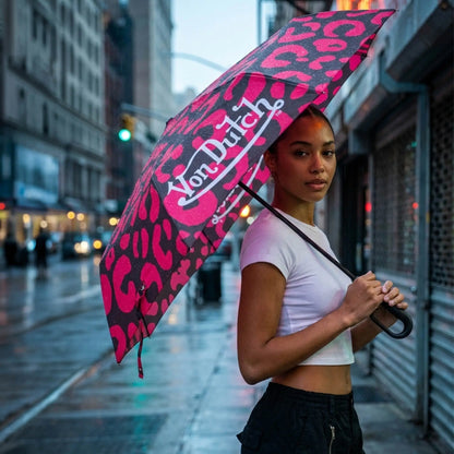 Hot Pink Cheetah Compact Automatic Umbrella with Clip Handle