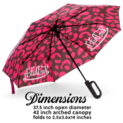Hot Pink Cheetah Compact Automatic Umbrella with Clip Handle