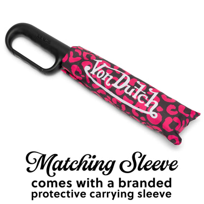 Hot Pink Cheetah Compact Automatic Umbrella with Clip Handle