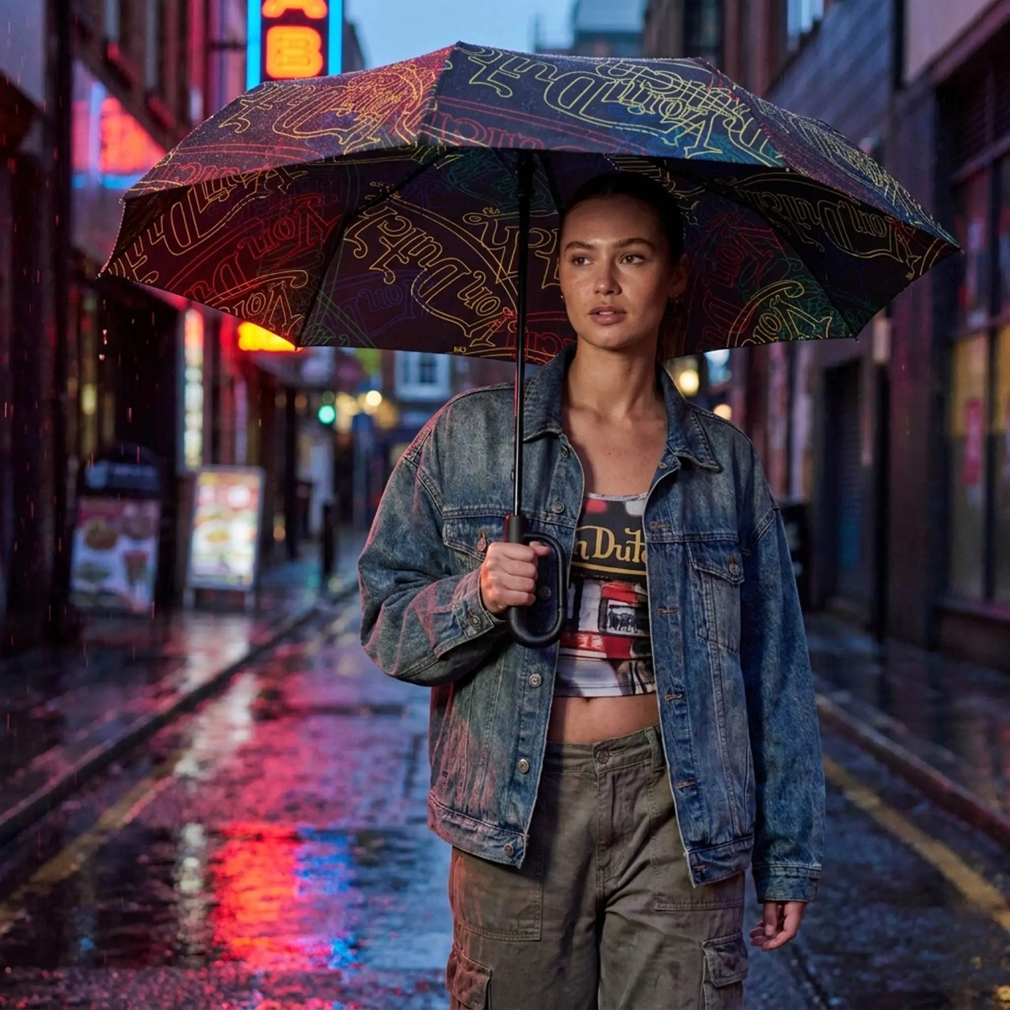 Neon Logo Compact Automatic Umbrella with Clip Handle
