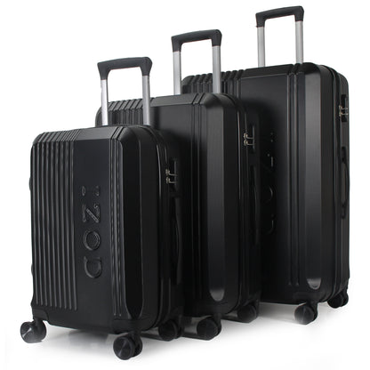 Three black suitcases of different sizes with 'IZOD' branding on a white background