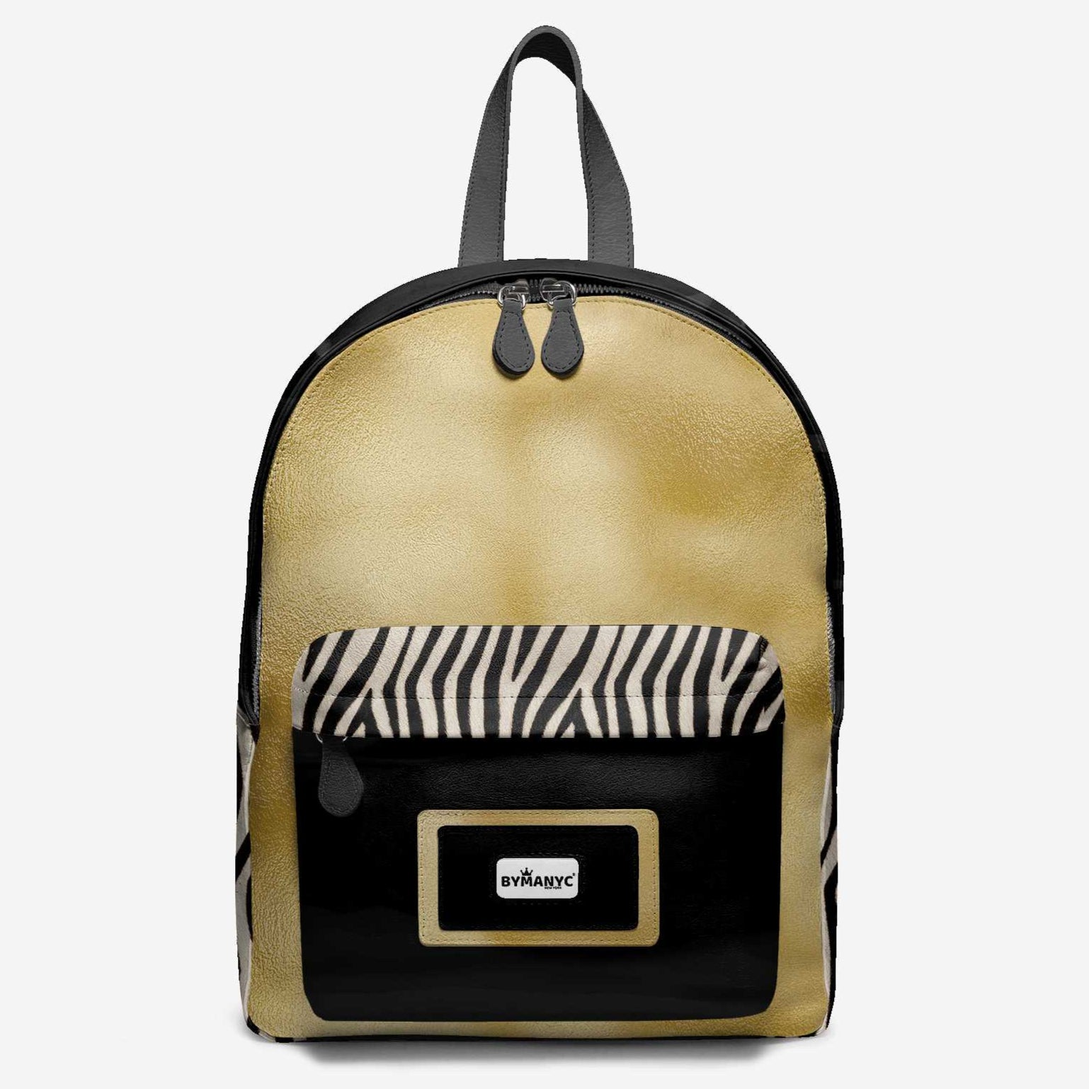 Gold and black backpack with zebra print pocket on a white background