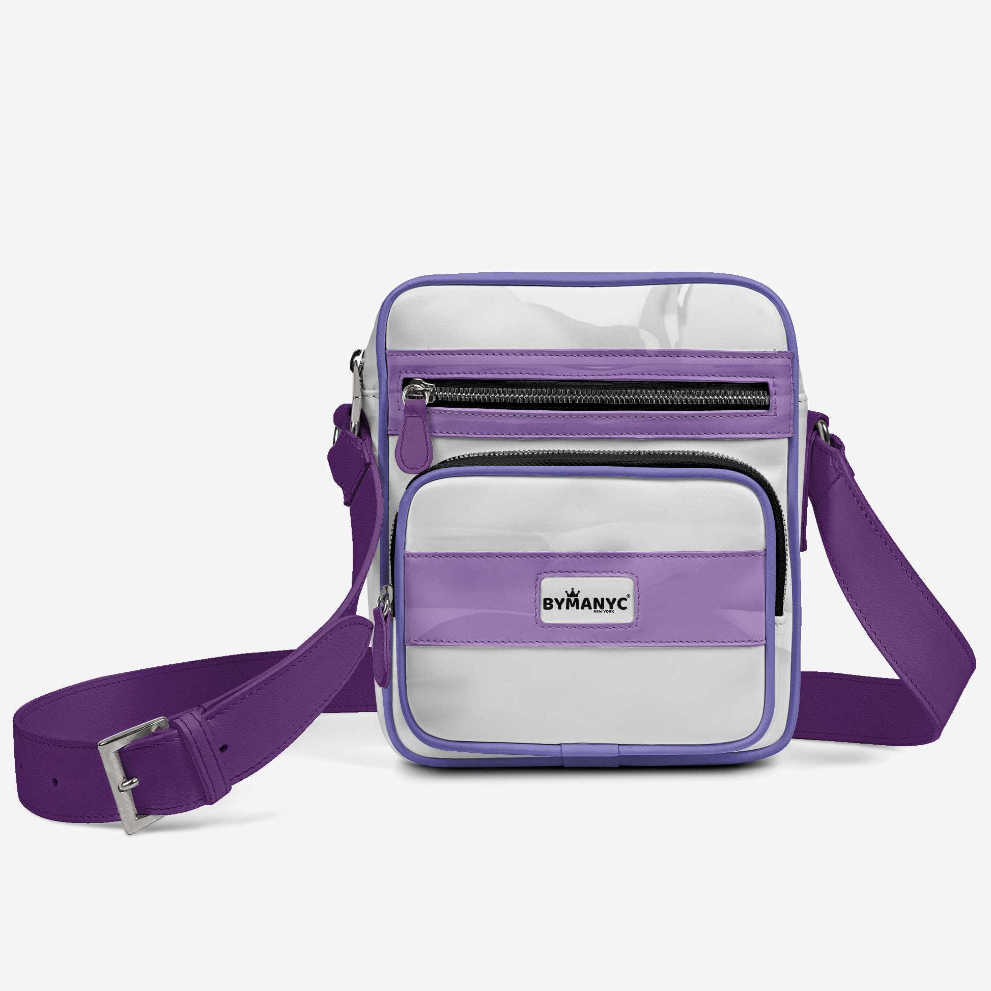 Purple and white crossbody bag with logo on a white background
