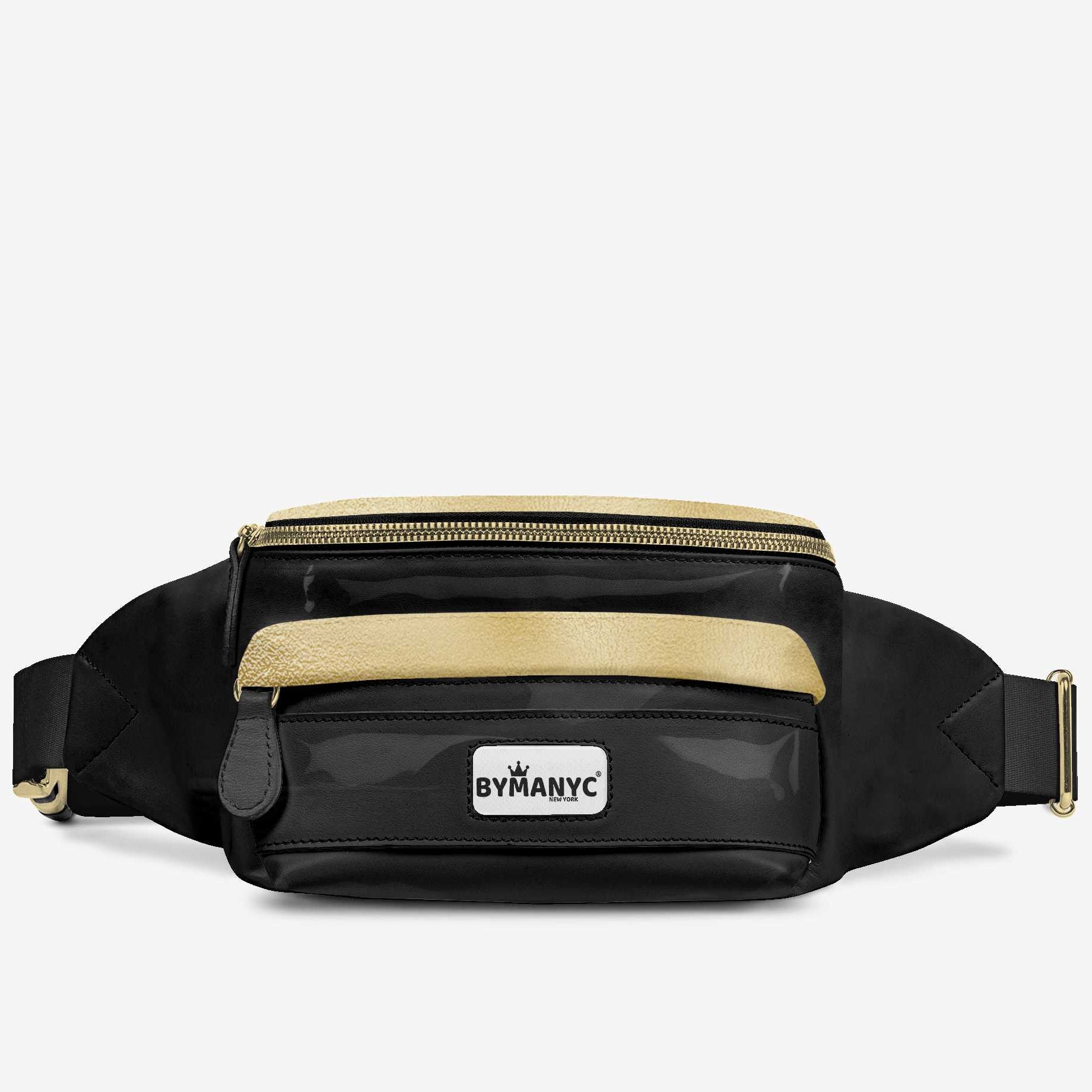 Black waist bag with gold accents and a visible brand logo on a light gray background