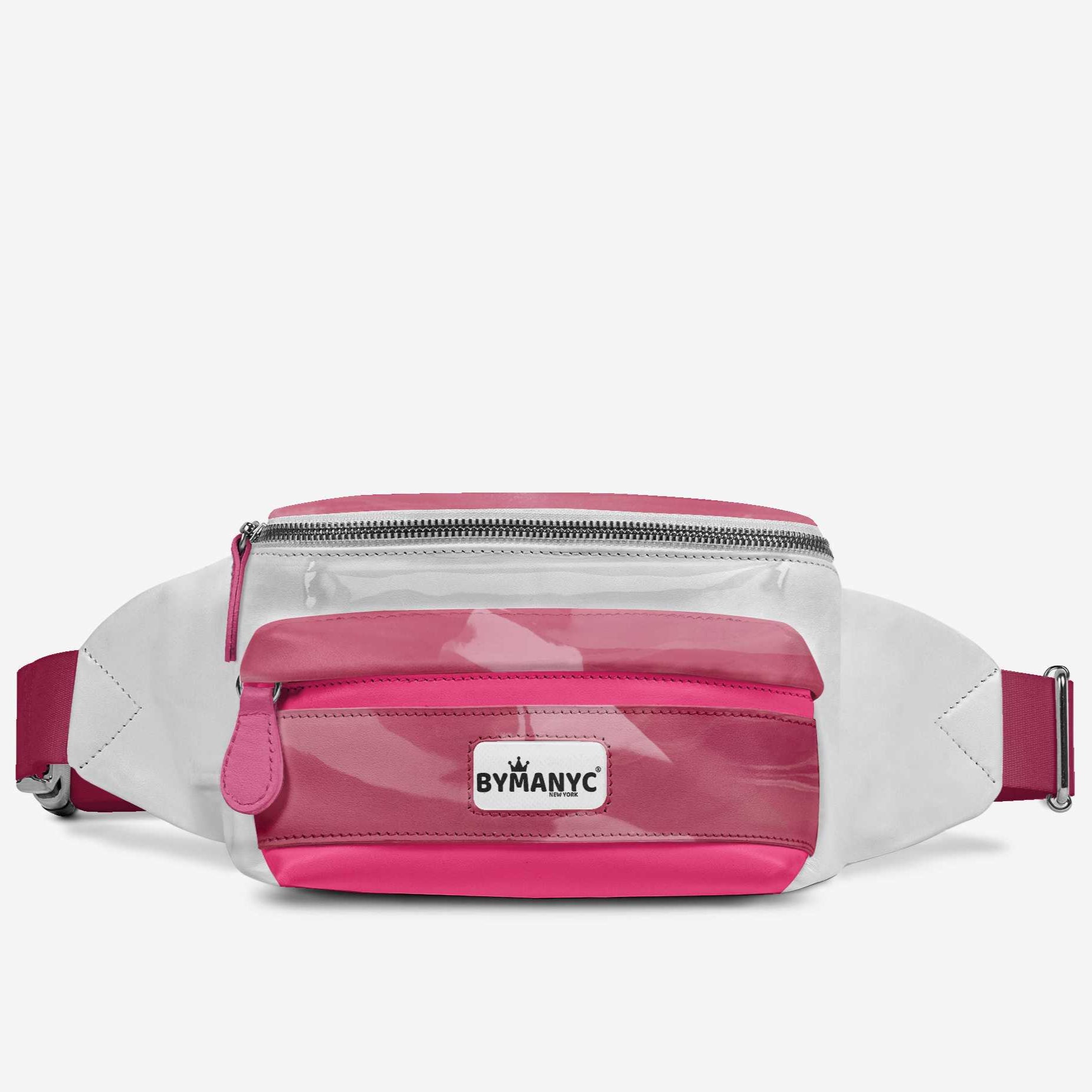 Pink and white waist bag with 'BYMANYC' logo on a light gray background