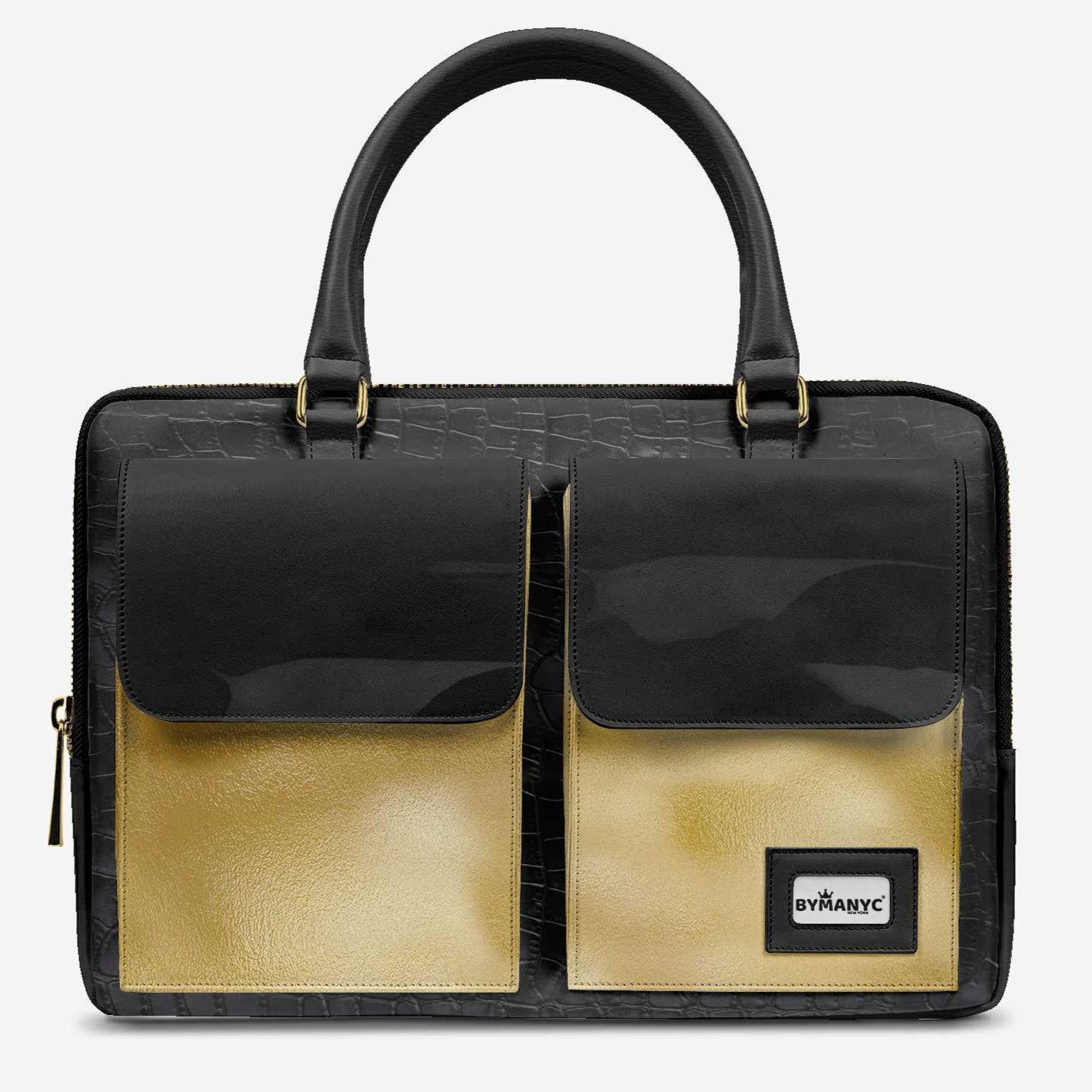 Black and gold handbag with a visible brand label on a white background