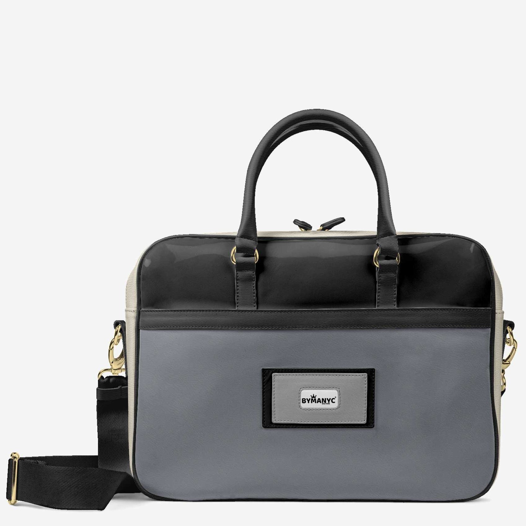 Gray and black handbag with a visible brand logo on a white background
