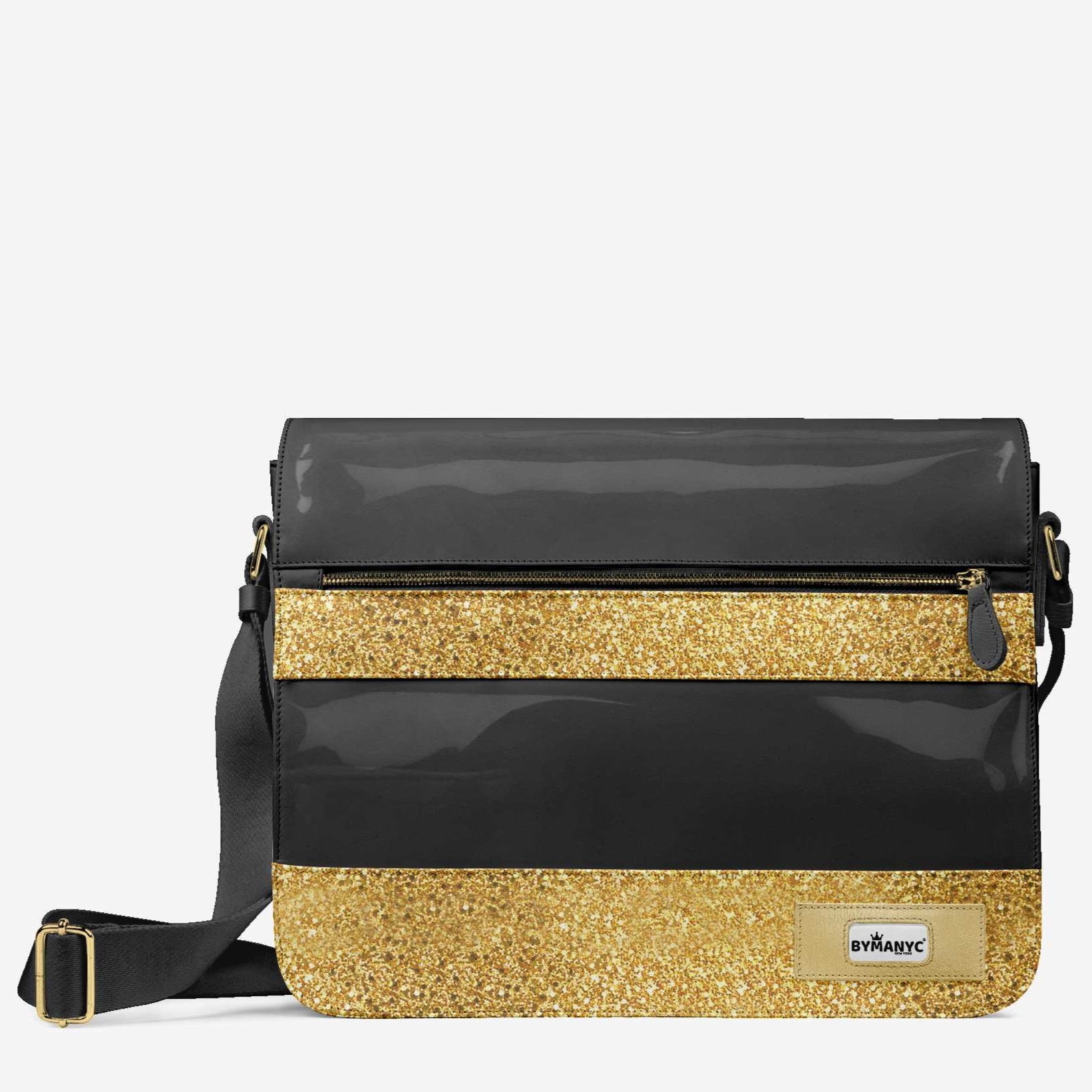 Black and gold crossbody bag with glittery accents on a white background