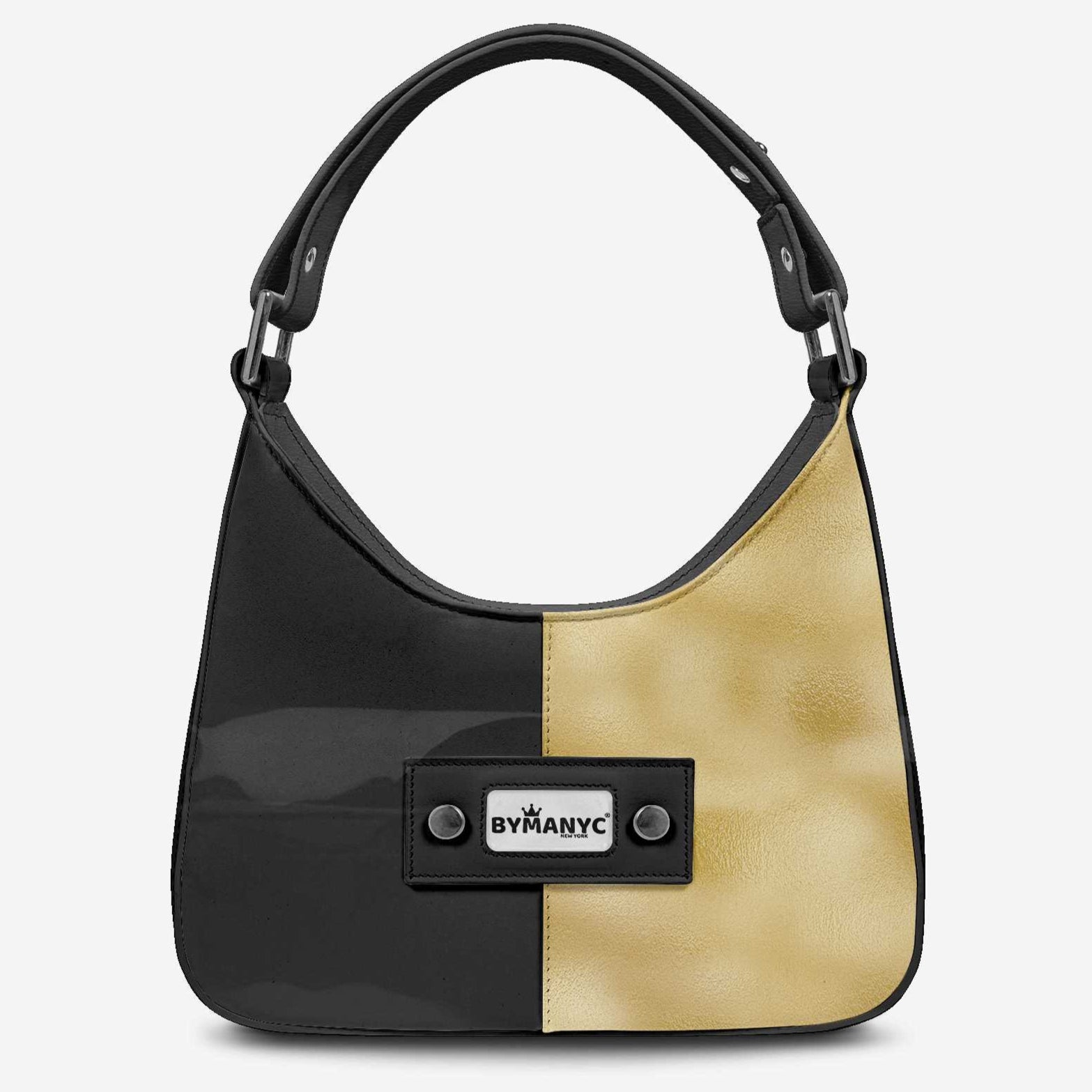 Black and beige handbag with 'BYMANYC' logo on a white background