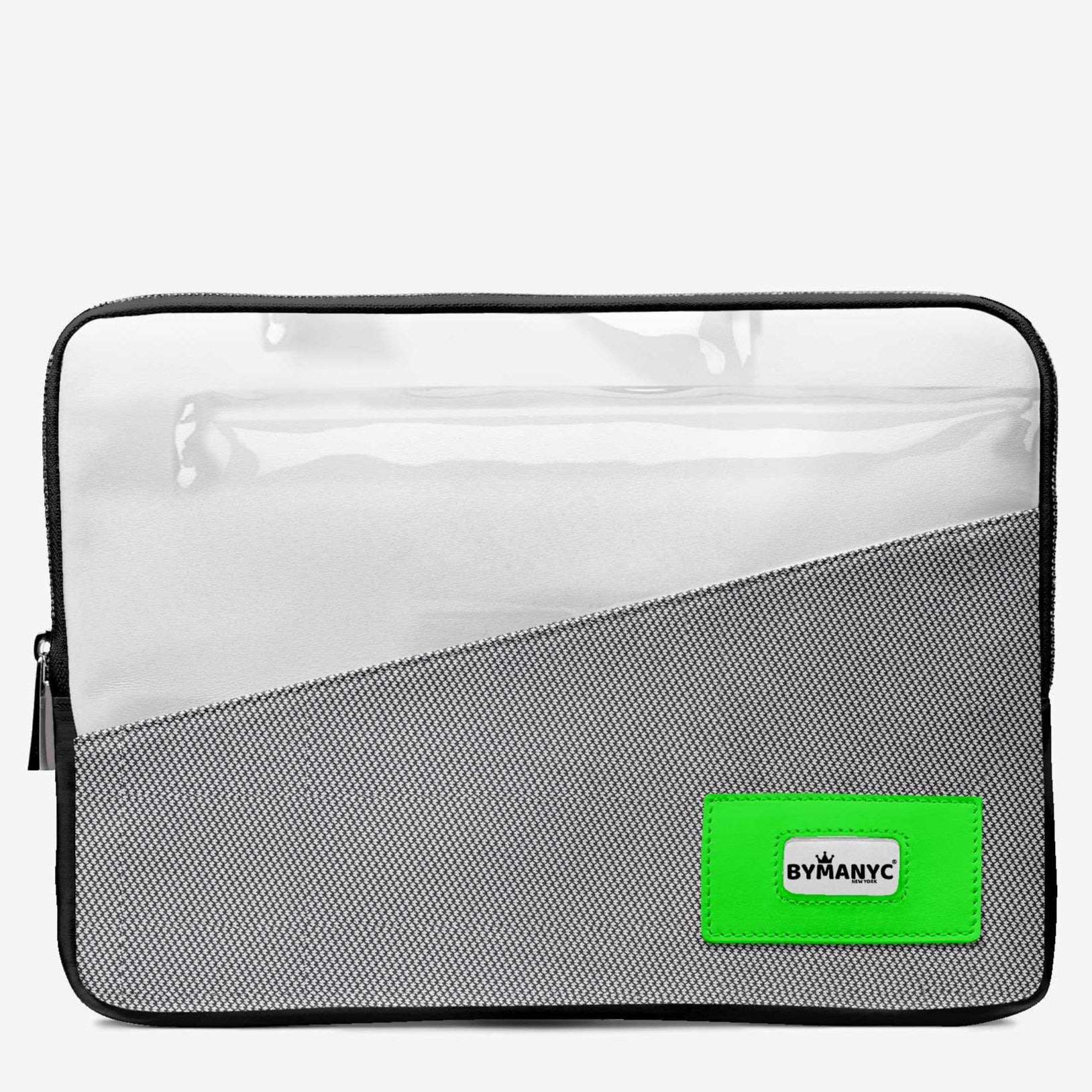Gray and white laptop sleeve with a green label on a light gray background
