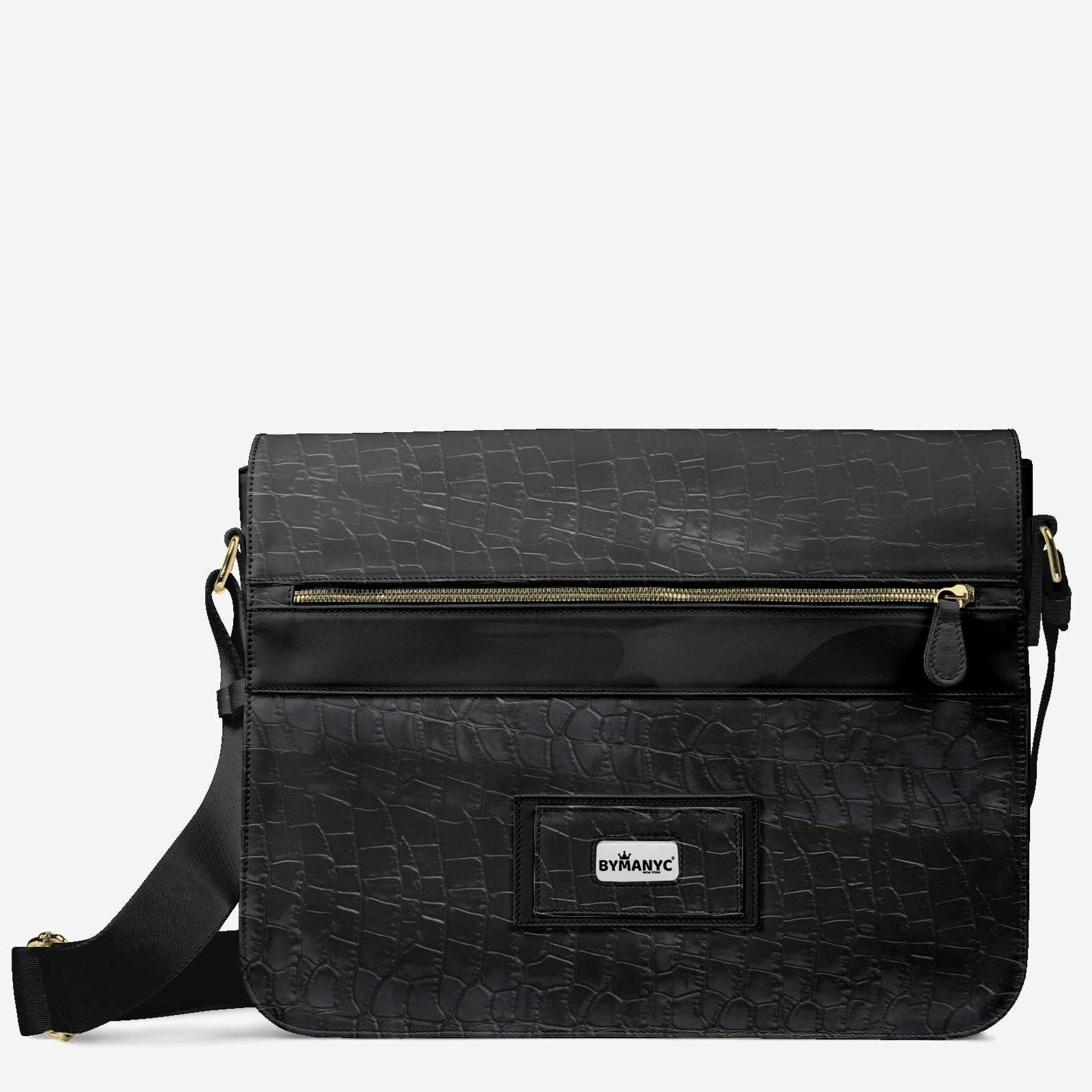 Black vegan leather bag with gold zipper on a white background