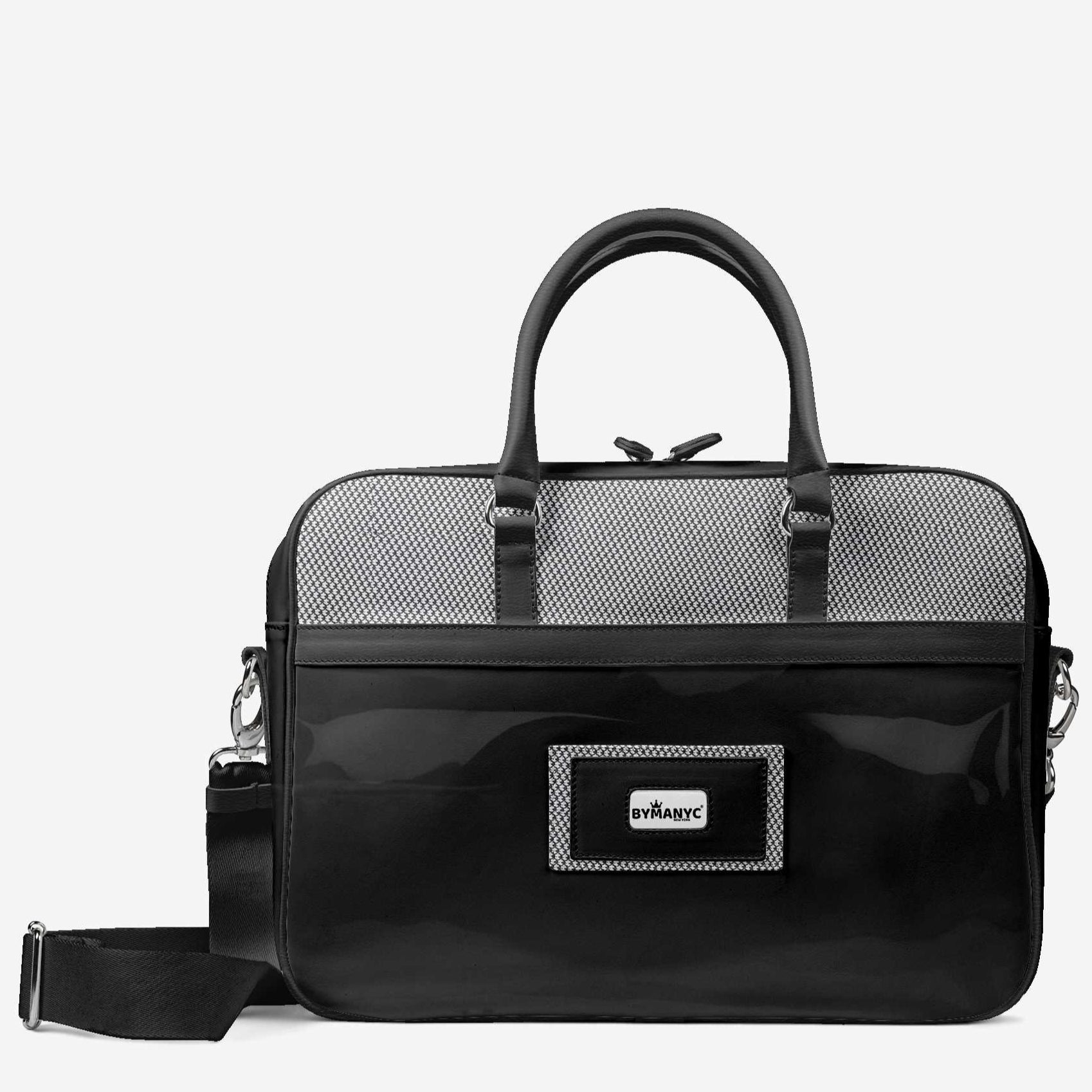 Black handbag with a visible brand logo on a white background