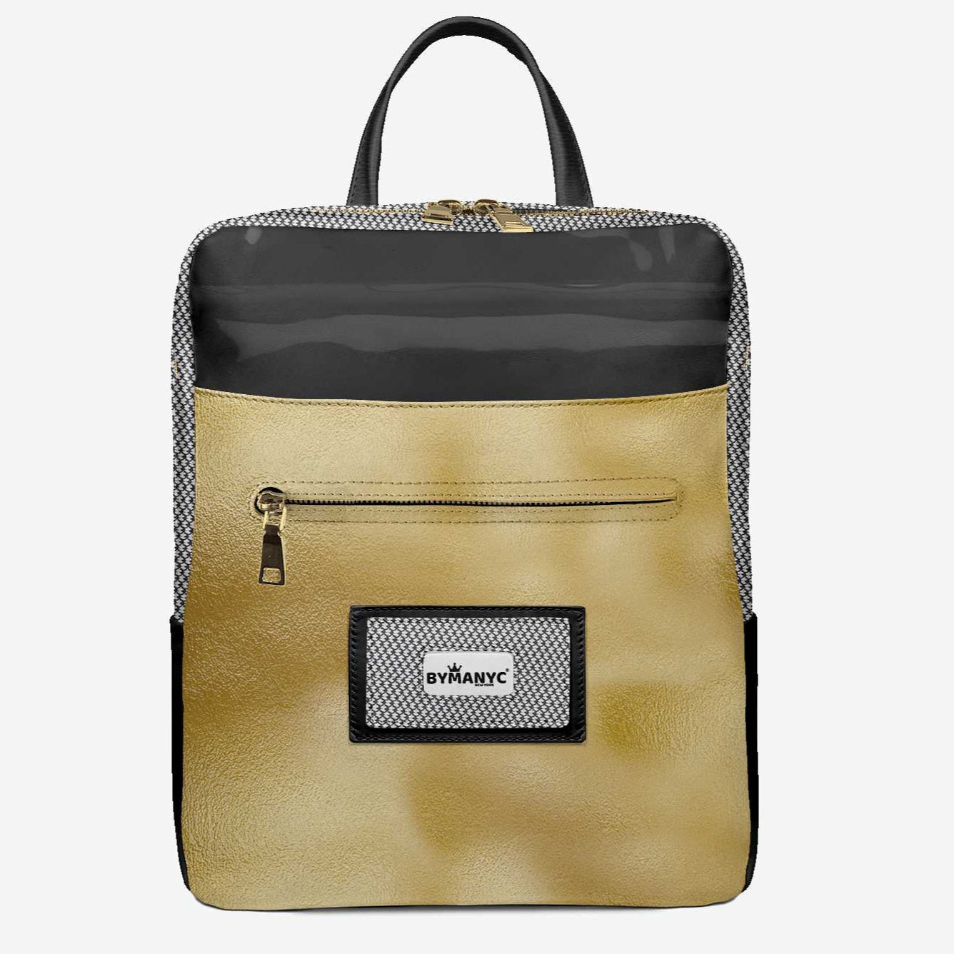 Gold backpack with black top section on a light gray background