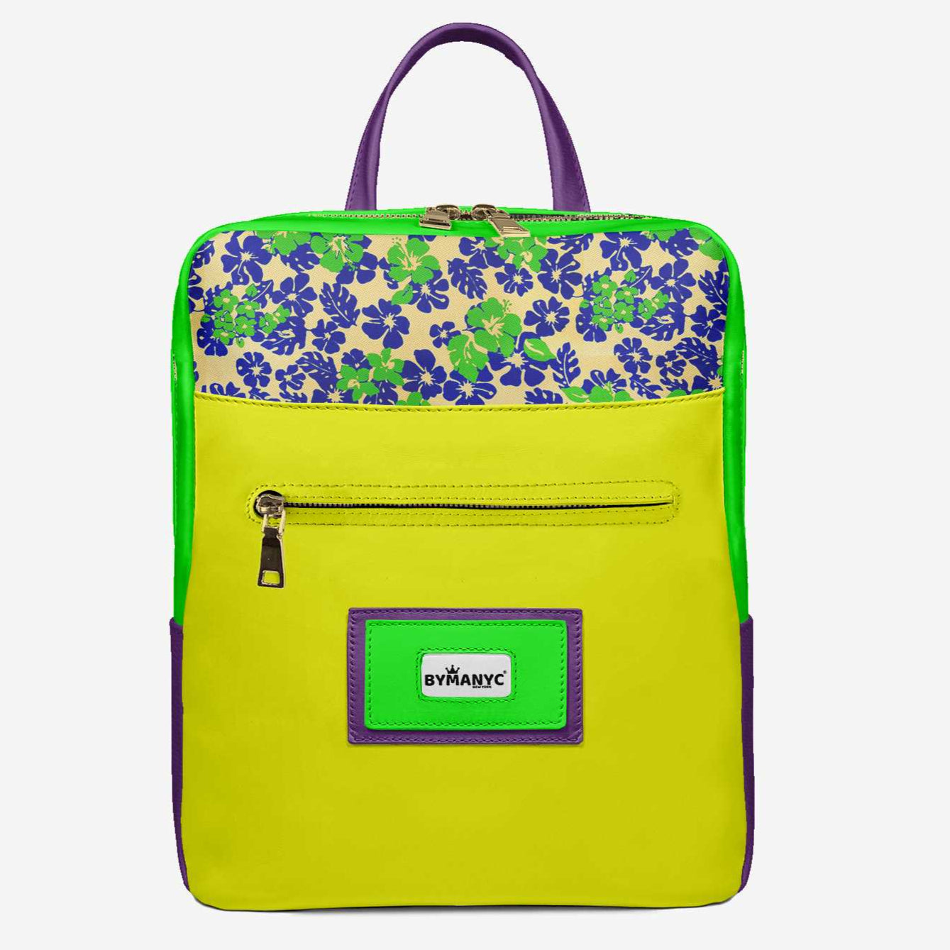 Yellow backpack with floral pattern on a white background