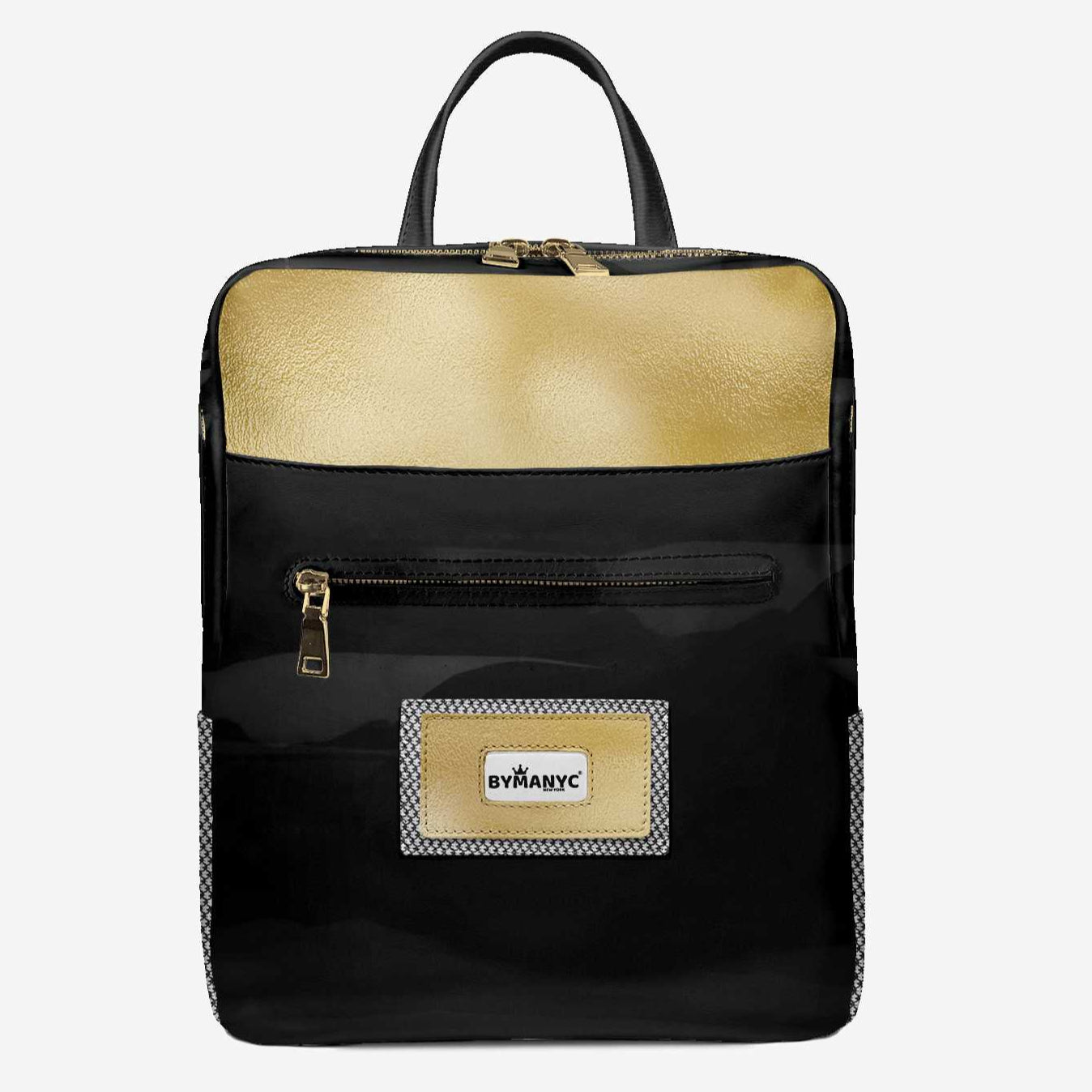 Black and gold backpack with a visible brand logo on a light gray background