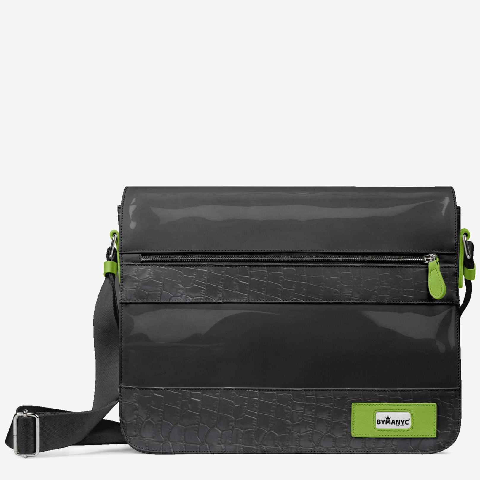 Black shoulder bag with green accents on a white background