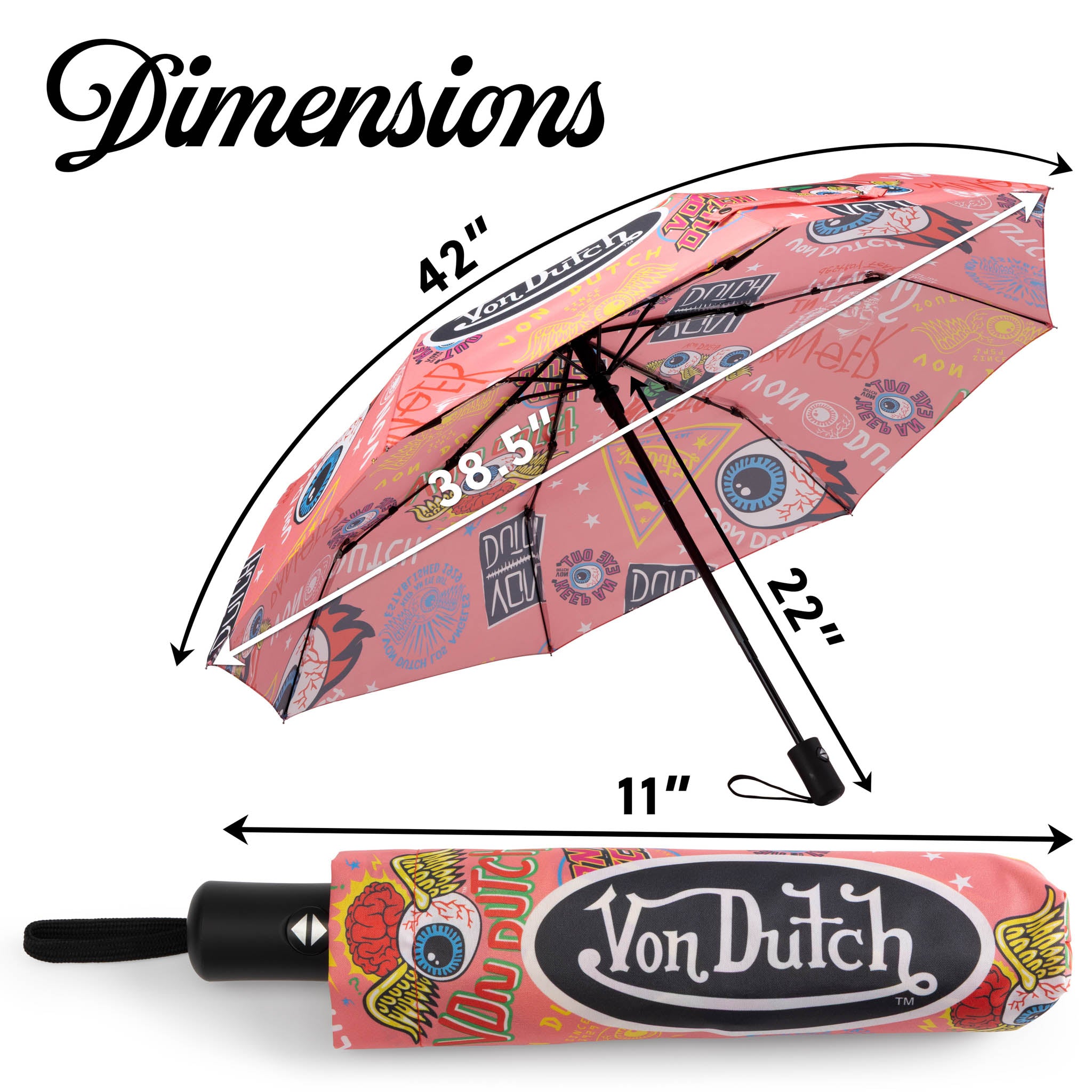 Von Dutch Pink Jax Compact Automatic Umbrella, Strong & Portable