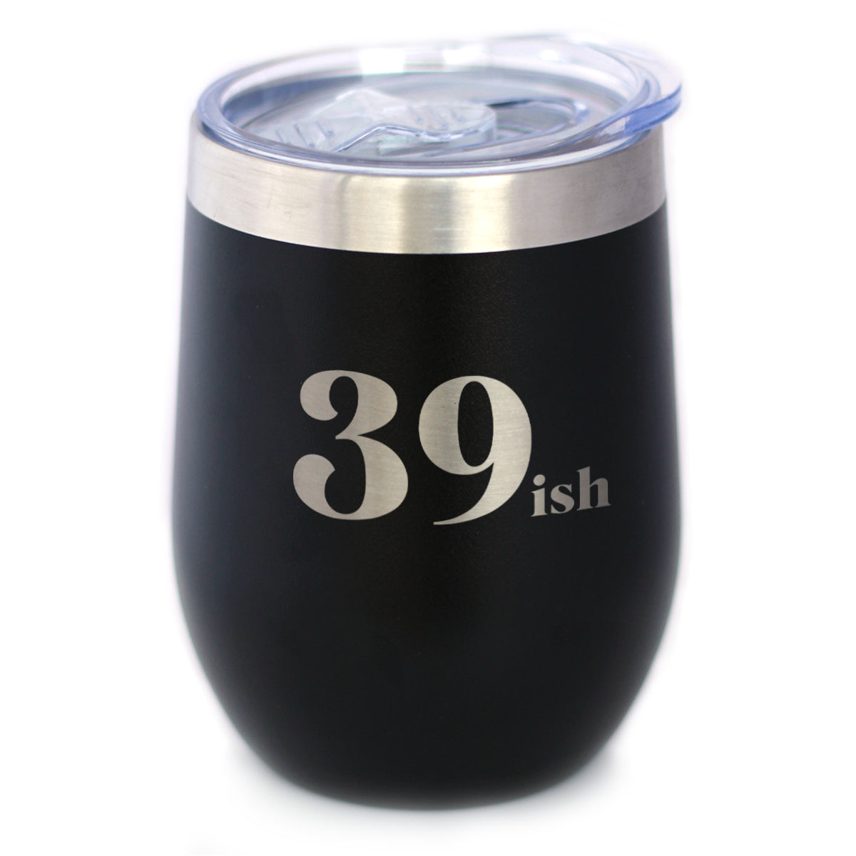 39ish - Funny 40th Birthday Wine Tumbler Glass with Sliding Lid - Stainless Steel Insulated Mug - Bday Party Decorations for Women Turning 40