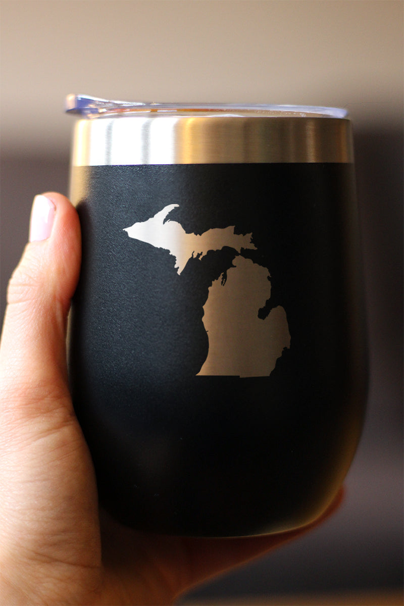 Michigan State Outline - Wine Tumbler Glass with Sliding Lid - Stainless Steel Travel Mug - Michigan Gifts and Decor for Women and Men