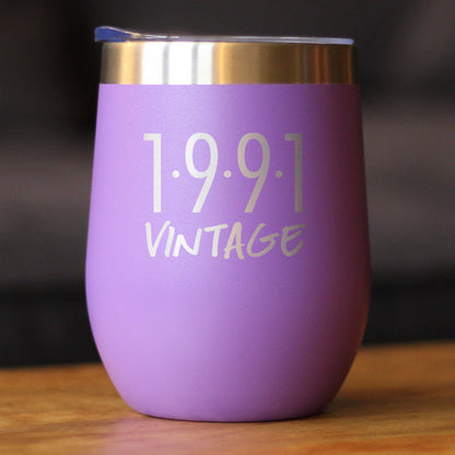 Vintage 1991 - Insulated Wine Tumbler Glass with Sliding Lid - Cute Funny 33rd Birthday Gift for Women or Men Turning 33