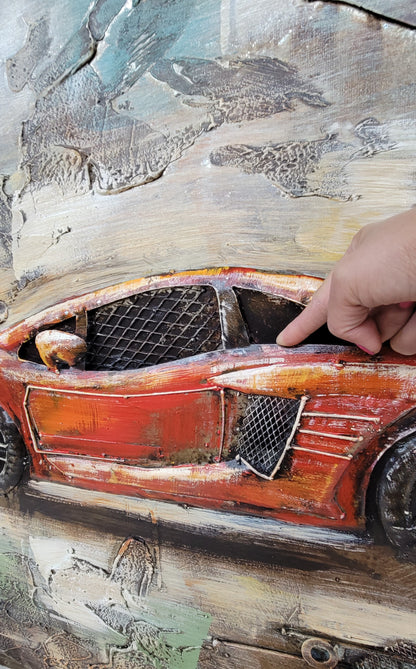 Luxury Sports Car Orange Lamborghini Ferrari Mixed Media 3D Wall Art Painting Metal Wood