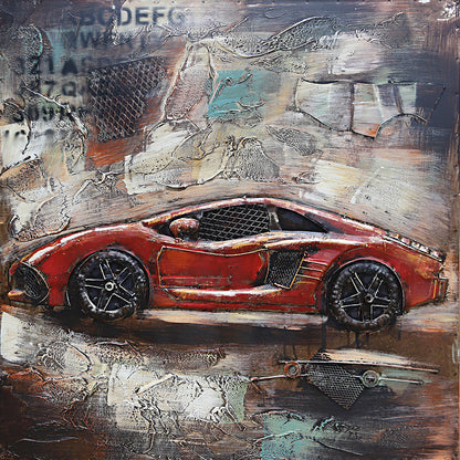 Luxury Sports Car Orange Lamborghini Ferrari Mixed Media 3D Wall Art Painting Metal Wood