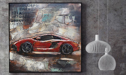 Luxury Sports Car Orange Lamborghini Ferrari Mixed Media 3D Wall Art Painting Metal Wood