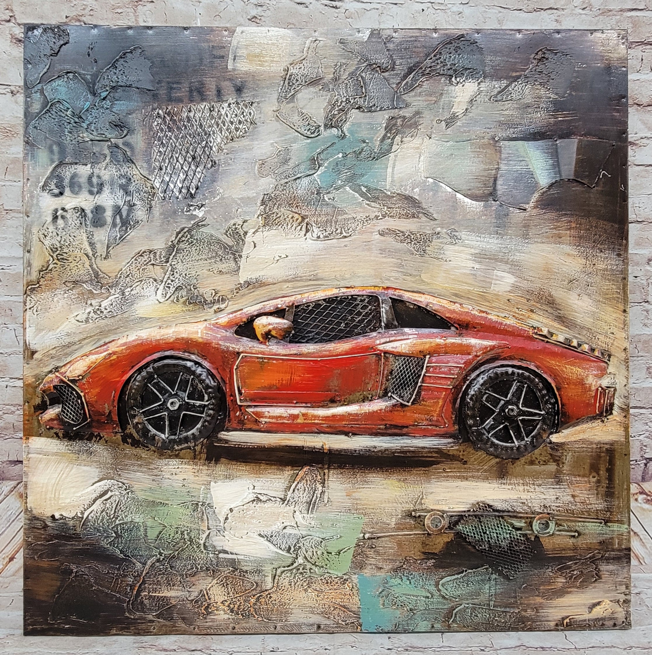 Luxury Sports Car Orange Lamborghini Ferrari Mixed Media 3D Wall Art Painting Metal Wood