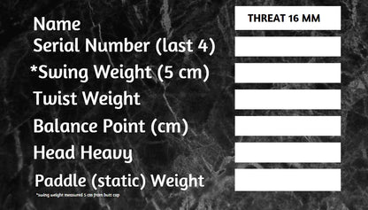 THREAT 16 Includes custom weight card, paddle cover, paddle eraser, and lead weights.
