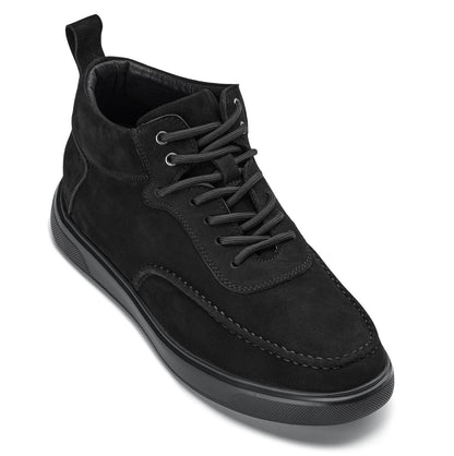 Y7113 - 2.8 Inches Taller (Black) - Nubuck Suede Moc-Toe Men's Sneak-Boots