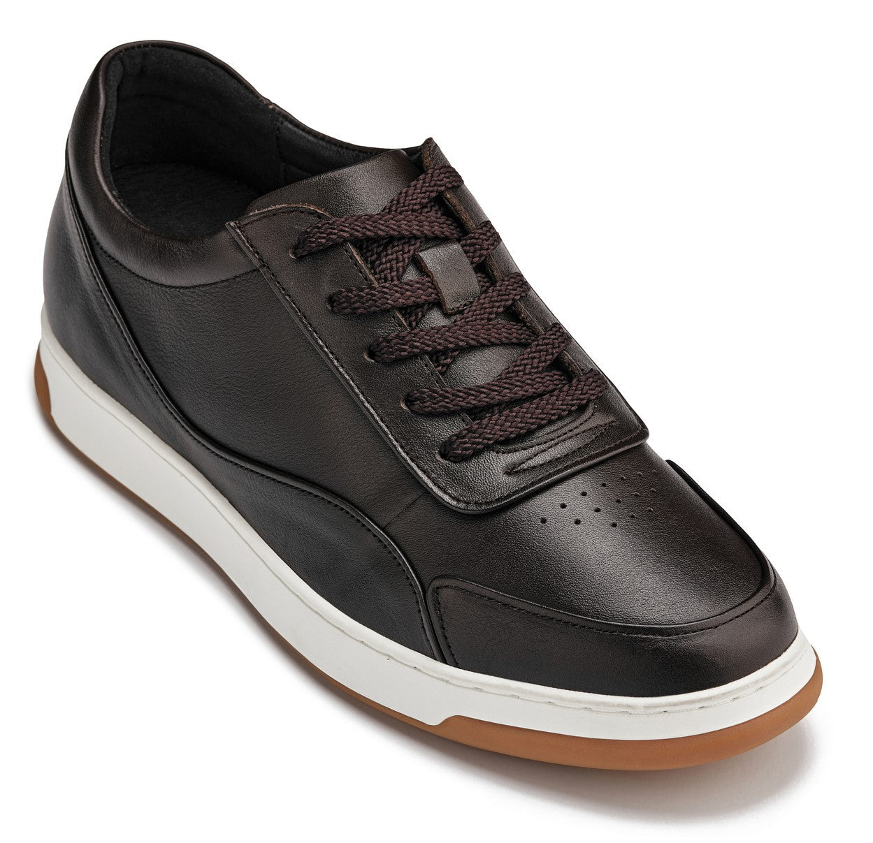 Y7887 - 2.6 Inches Taller (Deep Espresso/White & Gum Sole) - Elevated Leather Men's Sneakers