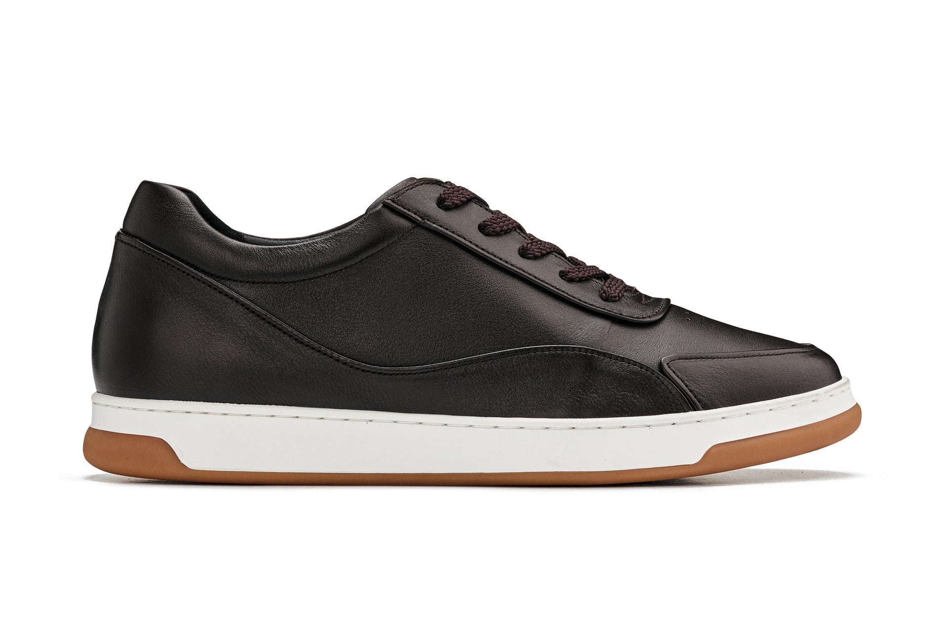 Y7887 - 2.6 Inches Taller (Deep Espresso/White & Gum Sole) - Elevated Leather Men's Sneakers