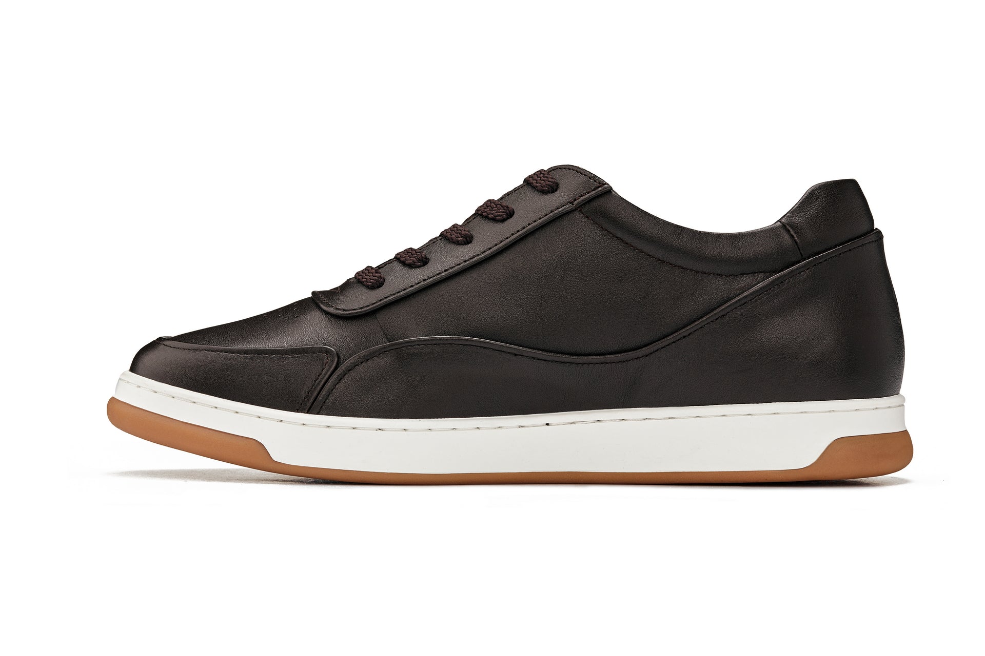 Y7887 - 2.6 Inches Taller (Deep Espresso/White & Gum Sole) - Elevated Leather Men's Sneakers